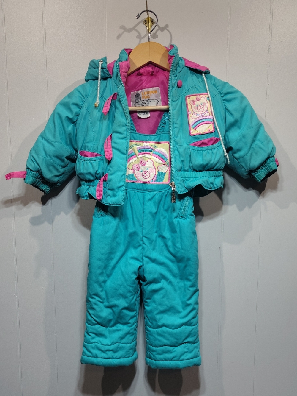 London‎ Fog 90s Teal Pink Colorblock Snowsuit Set 18M Toddler Bib Pants & Puffer